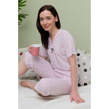 FullaModa Kalp Desenli Kısa Kol Büyük Beden Kapri Pijama Takımı