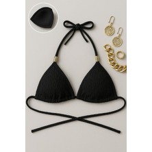 Kadın Siyah Pedli Üçgen Bikini Üstü Halter Bağlamalı Aksesuarlı