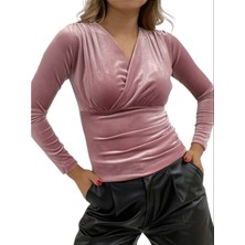 Moda Morfo Kruvaze Model Kadife Bluz -Pudra