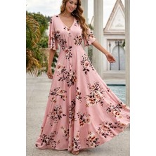 Nnstartshopping  Kadın Kısa Kollu V Yakalı Desenli Süprem Elbise