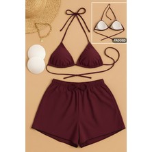 Kadın 3'lü Set Bordo Şortlu ve Yandan Bağlamalı Bikini Mayo Takımı
