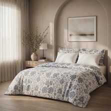 Green Black Verona Zarif Bahçe Çift Kişilik %100 Ege Pamuğu Nevresim Takımı - Çarşaflı - 4 Yastıklı Krem-Mavi