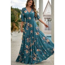 Sidelya Concept Kadın Kısa Kollu V Yakalı Desenli Süprem Elbise