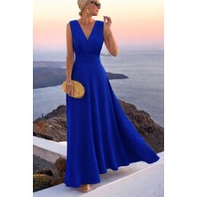 Flamex Kadın Askılı V Yakalı Bel Korsaj Detaylı Uzun Ithal Krep Elbise