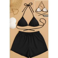 Kadın 3'lü Set Siyah Şortlu ve Yandan Bağlamalı Bikini Mayo Takımı