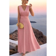 Emh Store Kadın Askılı V Yakalı Bel Korsaj Detaylı Uzun Ithal Krep Elbise