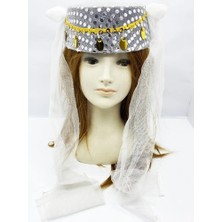 Nemere Beyaz Duvaklı Altın Pul Işlemeli Kına Fesi