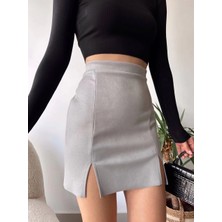 Çift Yurtmaçlı Süet Etek Gri