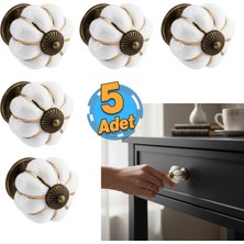 Badem10 (5 Adet) Yamato Midnight Beyaz Antik Sarı Renk Porselen Düğme Kulp Mobilya Çekmece Dolap Kulpu Kulbu