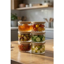Siliconly Livora - 6'lı Bambu Kapaklı Vakumlu Cam Kahvaltılık Çerezlik Kase 260 ml