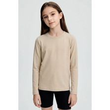 Bej O Yaka Standart Fit Basic Uzun Kollu Unisex Çocuk T-Shirt - 11329