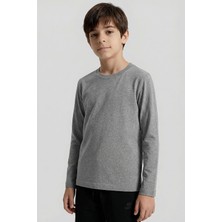 Gri Melanj O Yaka Standart Fit Basic Uzun Kollu Unisex Çocuk T-Shirt - 11329