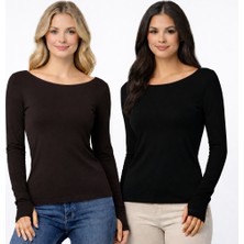 Hayalet Kadın Ikili Set Ultra Soft Premium Relax Basic T-Shirt – Parmak Geçirmeli, Slim Fit, Uzun Kollu