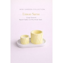 Korixa Korıxa Mini Garden Limon Sarısı Saksı ve Mumluk Seti – Tepsili Dekoratif 3’lü Masa Üstü Set(Çizgi Desenli)
