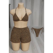 Kadın 3'lü Set Leopar Desenli Şortlu ve Yandan Bağlamalı Bikini Mayo Takımı