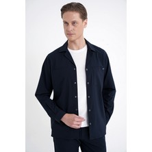 Efor Comfort Fit Apaş Yaka  Doku Desenli %100 Pamuk Lacivert Gömlek Ceket G 1601