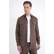 Efor Erkek Comfort Fit Yan Cepli %100 Keten Vizon Gömlek Ceket G 1602