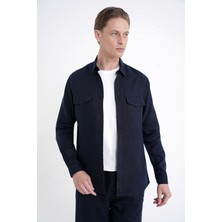 Efor Erkek Comfort Fit Yan Cepli %100 Keten Lacivert Gömlek Ceket G 1602