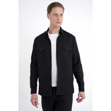 Efor Erkek Comfort Fit Yan Cepli %100 Keten Siyah Gömlek Ceket G 1602