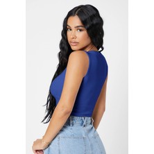 Kadın Lacivert Kare Yaka Crop Top Bluz