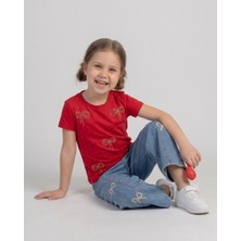 Ege Bebek Kız Çocuk Yazlık Fiyonk Nakışlı 5-6-7-8-9-10 Yaş Geniş Paça Kot Pantolonlu Bayramlık Şık Alt Üst Takım