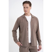 Efor Comfort Fit Apaş Yaka  Doku Desenli %100 Pamuk Vizon Gömlek Ceket G 1601