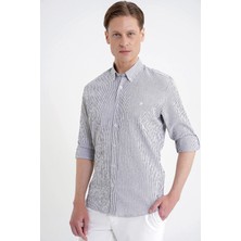 Efor Comfort Fit Katlanır Kol Düğme Yaka %100 Pamuk Siyah Beyaz Çizgili Gömlek G 1600