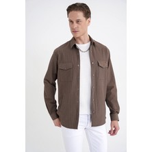 Efor Comfort Fit Yan Cepli Esnek Ince Çizgili Camel Gömlek Ceket G 1608
