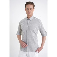 Efor Comfort Fit Katlanır Kol Düğme Yaka %100 Pamuk Haki Çizgili Gömlek G 1600