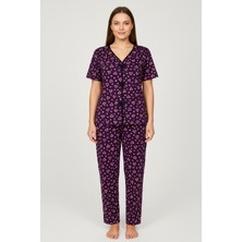 Kadın Mor Kalp Desenli Fiyonklu Kısa Kollu Uzun Pijama Takımı