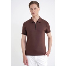 Efor Slim Fit Esnek Pamuklu Fermuarlı Kahverengi Polo Yaka Tişört Ts 926
