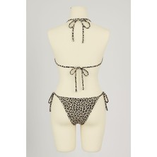 Kadın Siyah ve Leopar Detaylı Yandan Bağlamalı Bikini Takımı