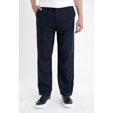 Efor Erkek Oversize Kalıp Yan Cep Beli Lastikli Lacivert Keten Pantolon P 1216