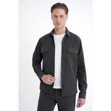Efor Comfort Fit Yan Cepli Esnek Ince Çizgili Siyah Gömlek Ceket G 1608