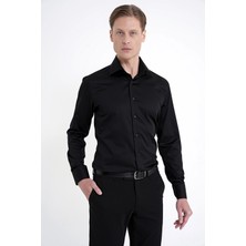 Efor Slim Fit Italyan Yaka %100 Pamuk Saten Düz Siyah Gömlek Gk 759