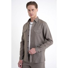 Efor Erkek Comfort Fit Yan Cepli %100 Keten Haki Gömlek Ceket G 1602