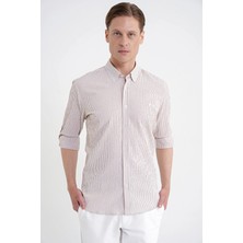 Efor Comfort Fit Katlanır Kol Düğme Yaka %100 Pamuk Bej Çizgili Gömlek G 1600