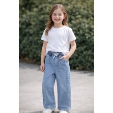 GMG Collection Baby Kız Çocuk Sıralı Inci Wide-Leg Jean Bel Lastikli Mavi Renk Denim Pantolon