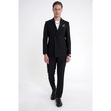 Efor Slim Fit Çift Yırtmaç %95 Pamuk Sık Çizgili Siyah Kruvaze Takım Elbise Tk 944