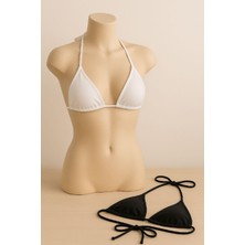 Kadın Siyah ve Beyaz Minimal Kesim Üçgen Bikini Üstü