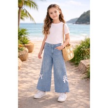 GMG Collection Baby Kız Çocuk Ispanyol Paça Mom Jean Fiyonk ve Inci Detaylı Yüksek Bel Pantolon