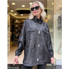 Büyük Beden Dik Yaka Cep Detaylı Düğmeli Ceket