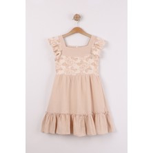 Joy Kids Kız Çocuk Kare Yaka Astarlı %100 Pamuk Elbise (6-13YAŞ) (Krem)