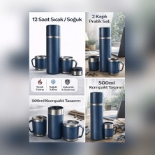 NIXCON 500ML Vakumlu Termos Seti 2 Kaplı | 12 Saat Sıcak/soğuk | Taşınabilir Bardaklı Termos Set (Mavi)