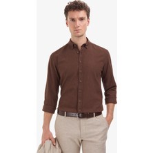 Pierre Cardin Erkek Kahverengi Keten Karışımlı Regular Fit Uzun Kollu Gömlek 50320941-VR084