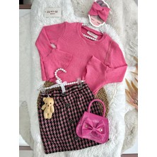 Özşe Moda Ayıcıklı Kazayağı Etek Pembe Ispanyol Kol Bluz Takım
