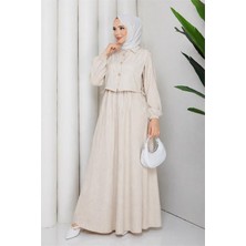 Neşeli Butik Kadın Bej Gömlek Detaylı Maxi Boy Çizgili Tesettür Elbise NBFT011