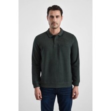 Süvari Haki Regular Düz Baskısız Selanik Düğmeli Polo Yaka Torba Cep Trikolu Standart Sweatshirt