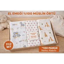 Two Child Çok Amaçlı El Emeği Müslin Örtü 3'lü Set, %100 Pamuk Yenidoğan Bebek Battaniyesi 80*90 Ebat