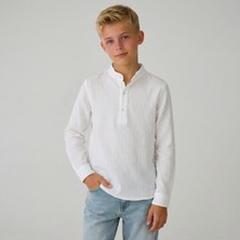 NR Nar Rengi Erkek Çocuk Beyaz Müslin Gömlek ( Yarım Düğme ) %100 Pamuk Hakim Yaka Yazlık Rahat Gömlek